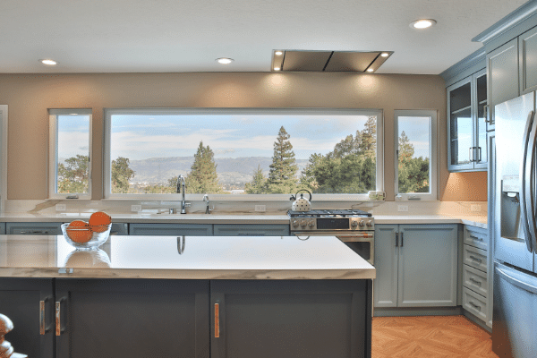 Blue with a View Transitional Kitchen with Panoramic Window Detail