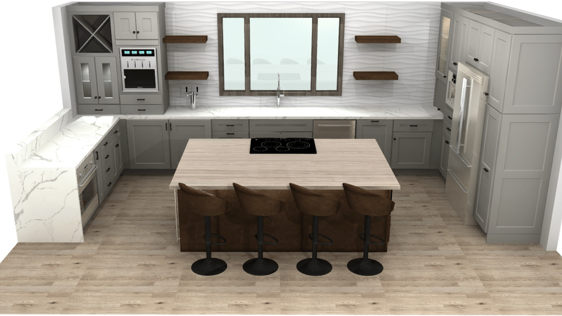 3D rendering of the design plan for the Studio 38 Designs kitchen area at the studio