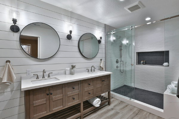 Transitional Black, White, and Gray Master Bath with Shiplap
