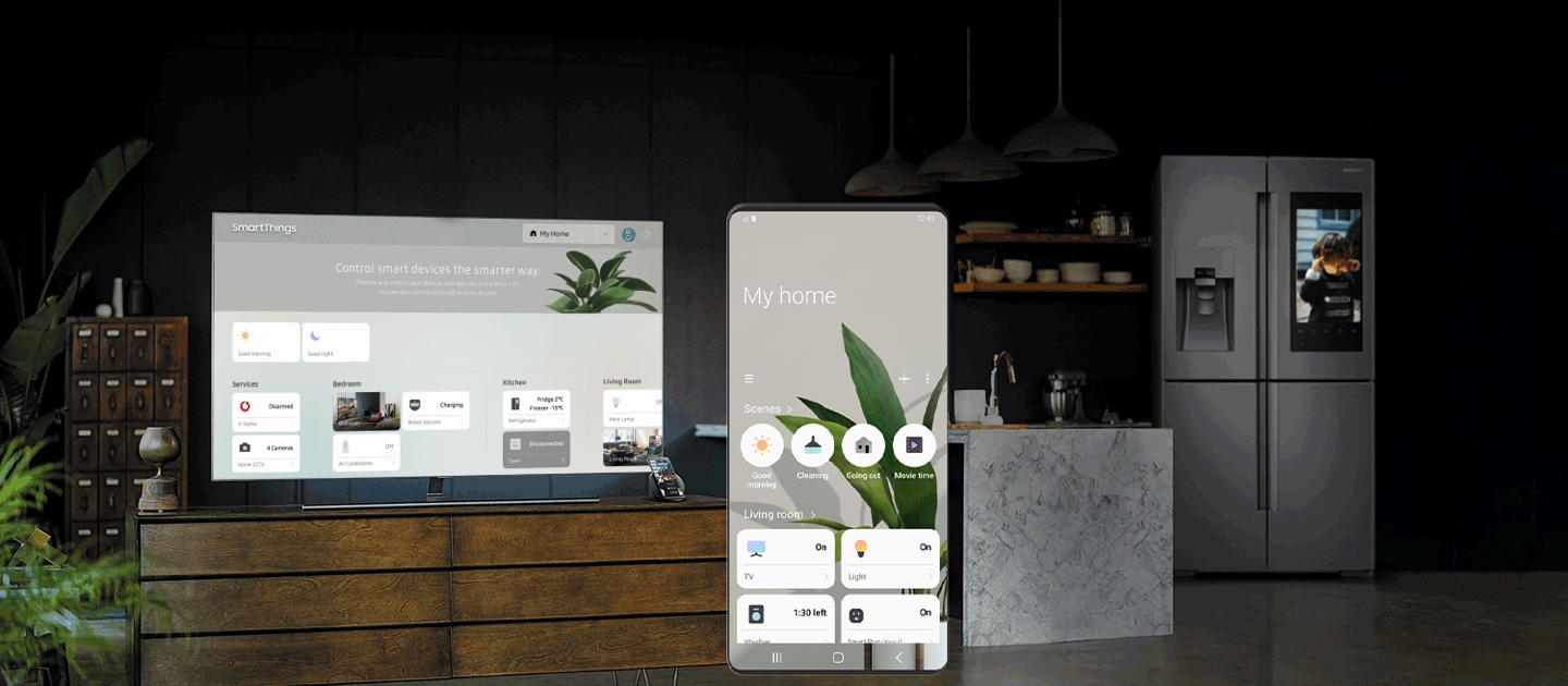 Smart Home Samsung SmartThings Display Kitchen with SmartThings App Dashboard on Mobile and Desktop