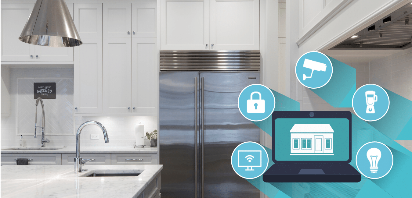 Smart Kitchen Infographic with laptop and Smart Home App Icons
